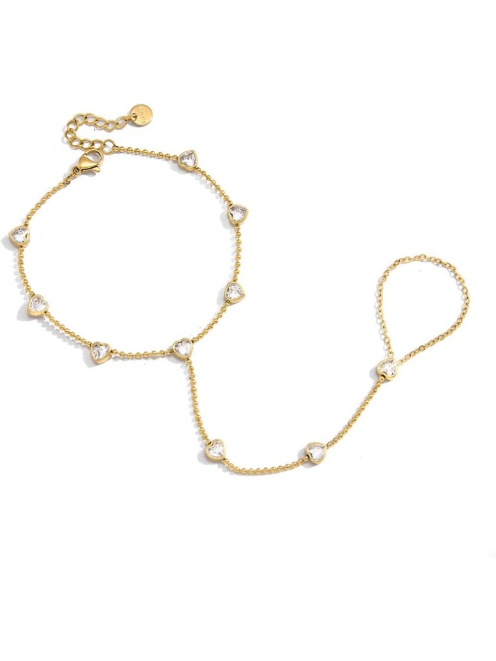18K Gold Plated Heart Ring & Hand Chain Bracelet Set - Sparkling Zircon Jewelry